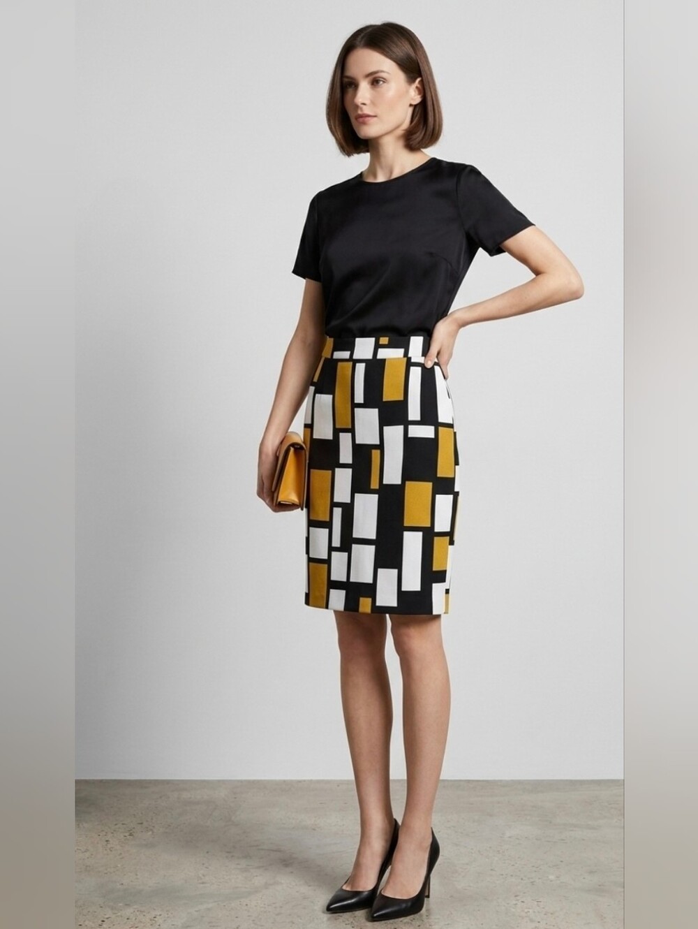 Women’s Geometric Print Pencil Skirt - Black, White & Mustard